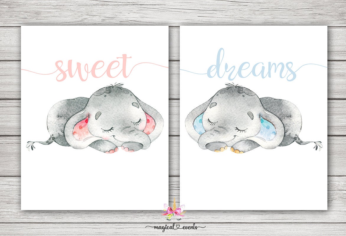 Baby Elefanten Wandkunst, süße Träume Wandkunst, digital bedruckbar, sofortiger download, Junge und Mädchen Elefanten, Kinderzimmer Wandkunst, Elefanten.