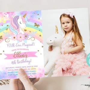 Unicorn and rainbow FOUR EVER MAGICAL girl birthday invitation, invite, digital printable corjl, rainbow unicorn flowers gold glitter, photo