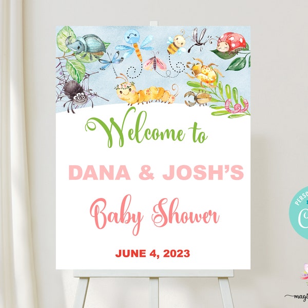 16x20 Bugs insects girl baby shower welcome sign, customized welcome sign, pink girl cutie bug lovebug, bugs baby shower corjl welcome sign.