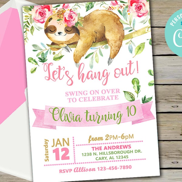 Sloth girl birthday invitation, lets hang out girl birthday invite, digital printable, swing on over to celebrate, corjl editable, sloth.