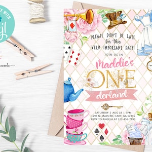 Alice in Onederland girl&#39;s 1st, first birthday invitation, Alice in Wonderland, digital printable, instant download, corjl editable, pink.