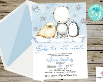 Convite para chá de bebê com animais do Ártico, tema "Está frio lá fora, bebê!", arquivo digital para impressão em Corjl, chá de bebê de inverno, foca, urso polar e pinguim.