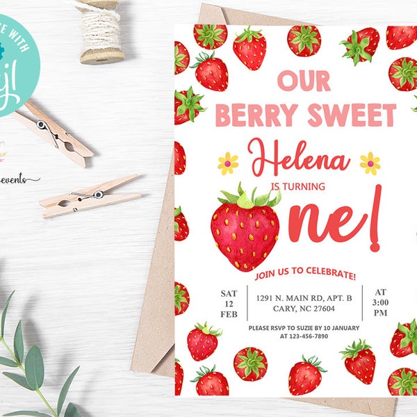 Strawberry berry sweet 1st birthday invitation, our berry sweet... is turning one, girl birthday invite, pink red, digital printable corjl.