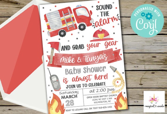 Firefighter baby shower invitation, boy baby shower invite, fireman gear firetruck, digital printable, sound the alarm, corjl editable.