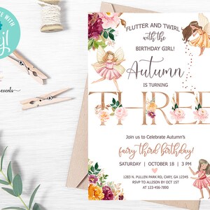 Invitación de cumpleaños de hadas 3rd, invitación de tercer cumpleaños de niña, imprimible digital, flores de hadas, cartas de cobre, invitación de hadas, corjl.