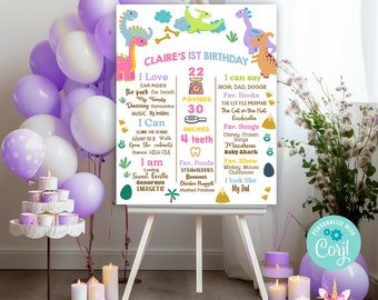 Letrero de hitos de dinosaurios para el primer cumpleaños de niña, pizarra para el primer cumpleaños, letrero de hitos de dinosaurios, imprimible digital editable de corjl