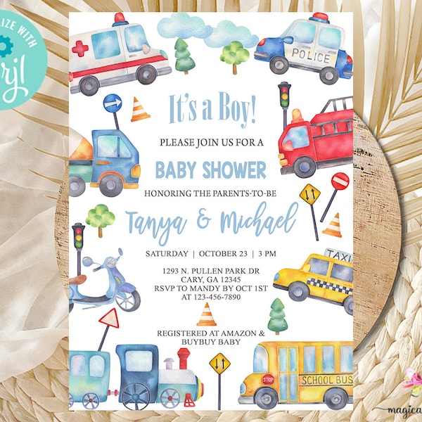 Transport vehicles baby shower invitation, boy baby shower invite, cars trucks train, digital printable, boy baby shower, transportation.