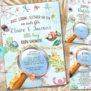 Könnte beinhalten: Eine blaue und grüne Babyparty-Einladung mit einer Lupe und einem Insekten-Thema. Die Einladung lautet "Buzz, Crawl, Slither or Fly on over for Claire & Jaxson's Little Bug Baby Shower!" Die Einladung enthält auch das Datum, die Uhrzeit und den Ort der Party sowie die Registrierungsinformationen.