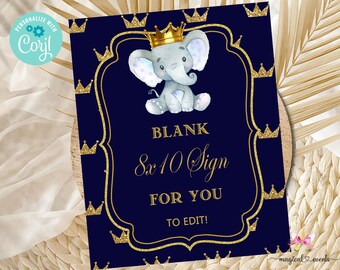 Elefante PRINCE baby shower 8x10 cartel en blanco, cartel de ducha de bebé de niño, cartel editable de príncipe elefante, ducha de niño oro azul real, corjl editable