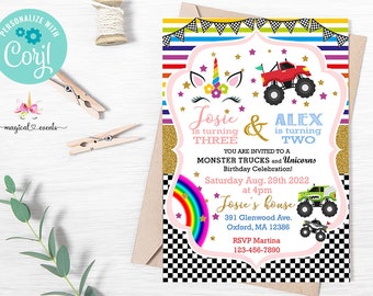 May include: A pink and blue birthday invitation for a monster truck and unicorn themed party. The invitation features a unicorn and a monster truck, along with the names Josie and Alex, and the text "You are invited to a Monster Trucks and Unicorns Birthday Celebration!"  Saturday Aug. 29th 2022 at 4pm Josie's house 391 Glenwood Ave. Oxford, MA 12386 RSVP Martina 123-456-7890