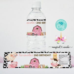 Pink Farm girl birthday water bottle labels, pink farm tractor & barn birthday favors favor, digital printable customized, lamb cow pig.