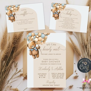We can bearly wait boy baby shower invitation bundle, invite books for baby diaper raffle cards, corjl digital printable, Baby shower Suite.