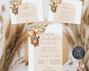 We can bearly wait boy baby shower invitation bundle, invite books for baby diaper raffle cards, corjl digital printable, Baby shower Suite.