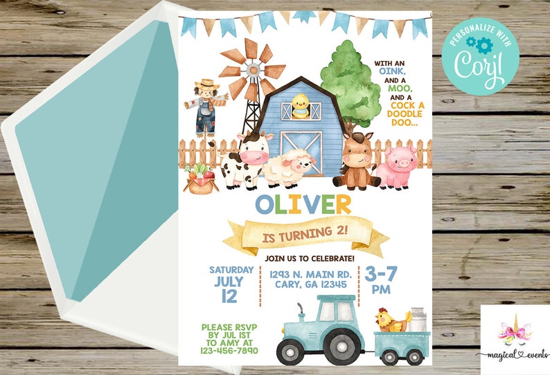 Puede incluir: Una invitaci&oacute;n de cumplea&ntilde;os de tem&aacute;tica de granja azul y amarilla para el segundo cumplea&ntilde;os de Oliver. La invitaci&oacute;n presenta un granero de dibujos animados, animales de granja y un tractor. El texto de la invitaci&oacute;n dice "&iexcl;Oliver cumple 2!" e incluye detalles sobre la fiesta, incluida la fecha, la hora y la ubicaci&oacute;n.