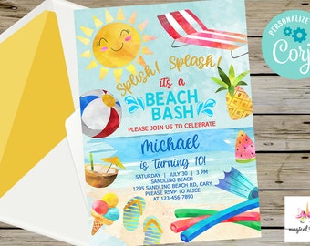 May include: A colorful invitation for a beach-themed birthday party. The invitation features a smiling sun, beach ball, beach umbrella, and the text "Splish! Splash! It's a Beach Bash". The invitation is personalized with the name "Michael" and the text "is turning 10!"