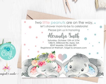 May include: A baby shower invitation with a pink and blue elephant design. The text reads "two little peanuts are on the way, let's shower mom-to-be to celebrate! Please join us in honoring Alexandra Smith Saturday, October 12th at 3 PM 1286 N. Millbrook Rd, Apex, GA RSVP Maddie 123-456-7891 Registered at Walmart, Target & amazon.com"