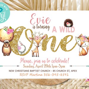 Woodland animals girl birthday invitation, woodland birthday invite, digital printable, gold wild one bear fox deer bunny, corjl editable.