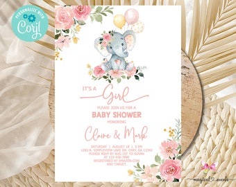 Pink elephant baby shower invitation, girl invite, flowers elephant balloons, digital printable corjl editable, girl elephant baby shower.