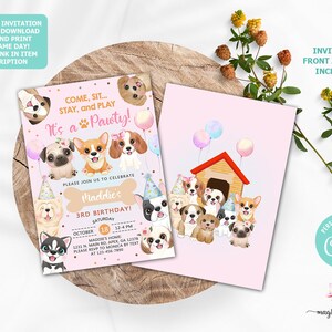 Peut inclure: Invitation de fête d'anniversaire rose et bleue avec une empreinte de patte et le texte "It's a Pawty!" L'invitation représente un chien de dessin animé portant un chapeau de fête et entouré d'autres chiens de dessin animé. Le texte "Maddie's 3rd Birthday!" est également inclus.