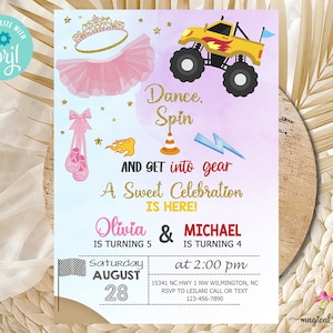 Tutus and monster truck, Tutu birthday invitation, invite digital printable, dance spin pink gold tutu, corjl editable, monster truck.