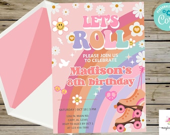 GROOVY let's roll girl birthday invitation, pink 70s retro daysies roller skates rainbow, groovy birthday invite, corjl digital printable.