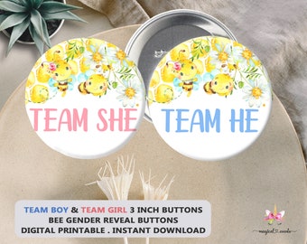 Bee gender reveal Team BOY & Team GIRL 3" buttons, gender reveal buttons pins, guess the baby gender pins, bee bumblebee, digital printable.