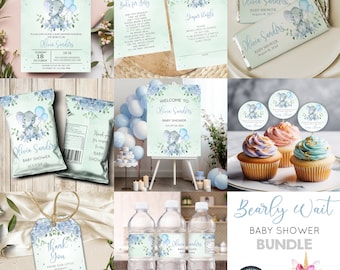 Blue elephant balloons boy baby shower bundle pack, chips bag water label thank you tag candy wrapper, Elephant, corjl digital printable.