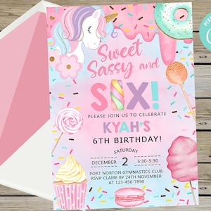 Faire-part 6e anniversaire Candy Sweet Sassy and Six girl, invitation, barbe à papa bonbons beignets crème glacée cupcake licorne, corjl imprimable numérique