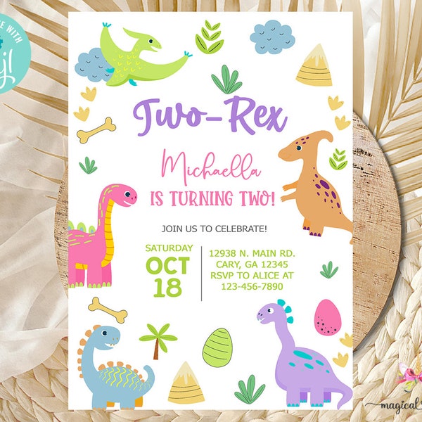 Two-Rex dinosaurs girl birthday invitation, dinosaur pink girl birthday invite, digital printable, Two-Rex pastel dinos invitation, corjl.