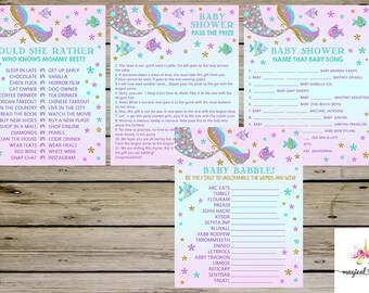 Zeemeermin babyshower spelletjesbundel, zeemeerminstaart spelletjespakket, spelletjespakket, zeemeerminmeisje babyshower, digitaal afdrukbaar, instant download.