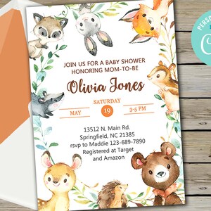 Woodland animals baby shower invitation, boy woodland invite, digital printable corjl editable, bear deer fox badger squirrel  raccoon bunny
