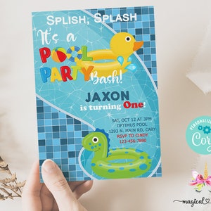 May include: A blue and white pool party invitation with a yellow rubber ducky and a green dinosaur in a pool float. The text reads "Splish, Splash It's a Pool Party Bash! Jaxon is turning One!" with details for the party including the date, time, location, and RSVP information.