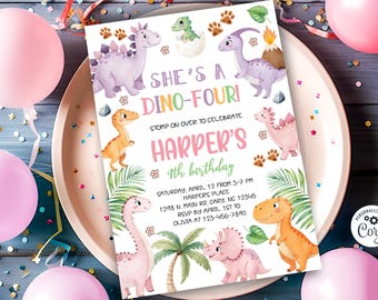Dino-Four dinosaurs girl birthday invitation, dinosaur pink girl birthday invite, corjl digital printable, Dino Four pastel dinos invitation