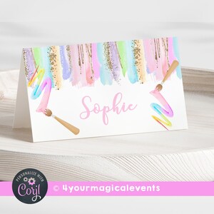 Art in party birthday fold in half food tent label, 3.5x2 folded card 3.5x4 unfolded, paint art in party birthday, corjl digital printable.