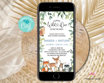 Woodland / Forest baby shower cell phone invite, woodland animals phone invitation, boy electronic invite, greenery, corjl digital invite.