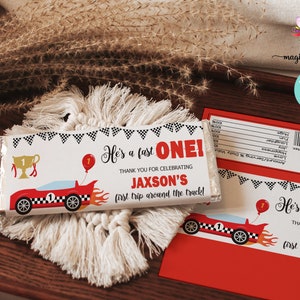 Red race car birthday candy wrapper, boy birthday favors, favor, boy race car racing, digital printable, race car roads flags cup balloon.