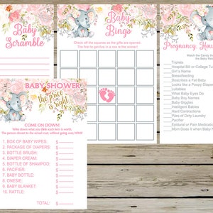 Ensemble de jeux de baby shower d'éléphant, paquet de jeux de fleurs d'éléphant de fille, pack de jeux d'éléphant, douche de fille, éléphant avec des fleurs roses blush.
