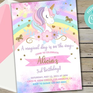 Unicorn and rainbow birthday invitation, girl birthday party invite, digital printable corjl editable, rainbow unicorn  flowers gold glitter