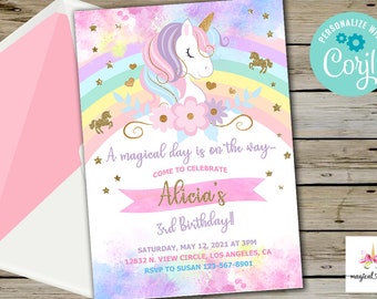 Unicorn and rainbow birthday invitation, girl birthday party invite, digital printable corjl editable, rainbow unicorn  flowers gold glitter