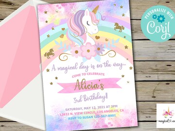 Unicorn Birthday Invitation Pastel Rainbow Party Invite Sparkle Invitation Download Printable Canva Template Girls Invitation