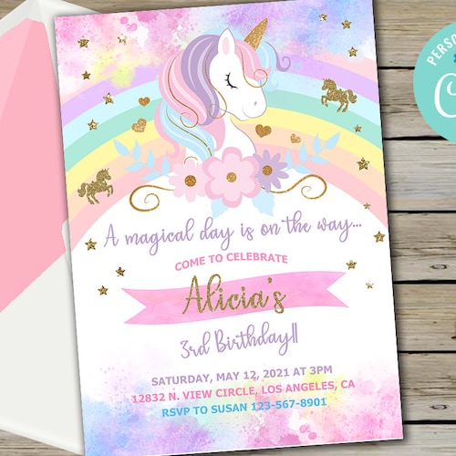 Unicorn and Rainbow Birthday Invitation Girl Birthday Party - Etsy