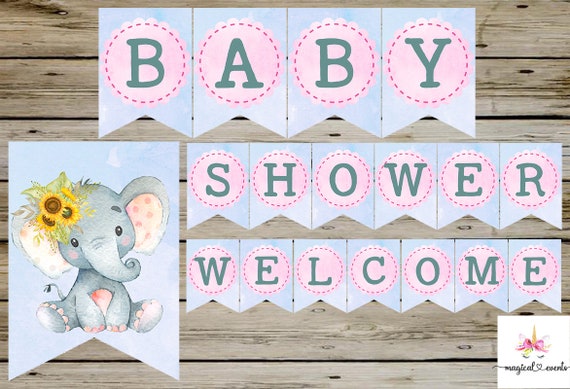 Elephant Sunflowers Baby Shower Digital Banner, Baby Shower
