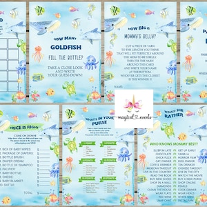 Ocean life Under the sea baby shower games bundle, baby shower games package, games pack, games bundle, fish shark whale seahorse turtle.