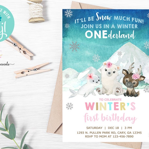 North Pole arctic animals girl birthday invitation, girl birthday invite, corjl digital printable, winter birthday snow much fun, polar bear