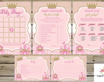 Pink and gold princess baby shower games bundle, girl baby shower games and cards, package, pack, little princess, 5 games and cards.