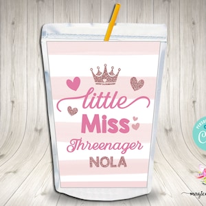 Little Miss Threenager juice pouch labels, girl 3rd third birthday party favor favors, customized juice pouch label, Little Miss Three-nager