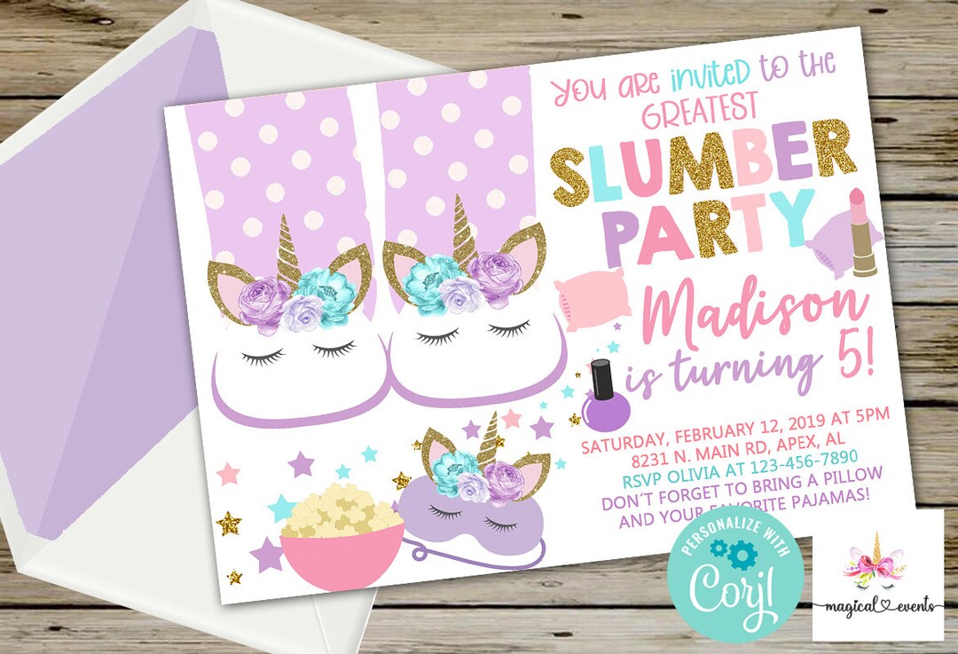 Girl Slumber Party Birthday Invitation, Make up Popcorn Girl Birthday ...