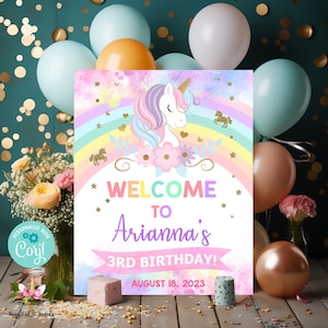16x20 unicorn girl birthday welcome sign, girl rainbow unicorn, pastel unicorn, digital birthday sign, corjl digital printable girl birthday