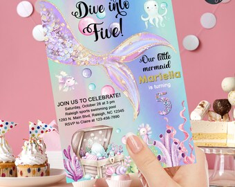 Glitter mermaid tail girl 5th birthday invitation, pool birthday invite, corjl digital printable, dive into five mermaid birthday party.