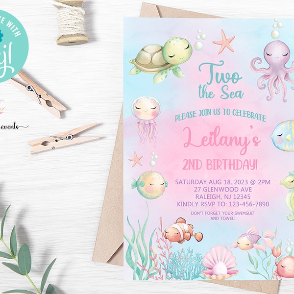 Two the Sea birthday invitation, girl 2nd second birthday invite, under the sea, digital printable, pastel colors sea ocean animals, corjl.